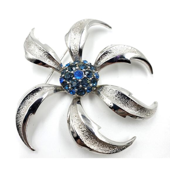 Vintage Marcel Boucher Blue Crystal Starburst Floral Brooch & Earrings Set 1950s - Picture 4 of 14